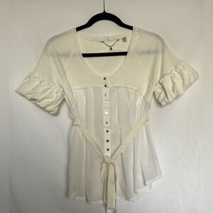 Cream Puff Sleeve Blouse with Ruched Tie Front